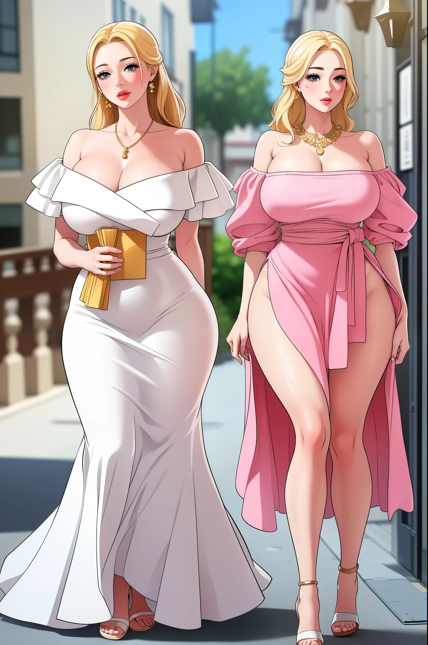 An extremely beautiful stunning busty woman, with gold blonde long silky hair, big blue eyes, extremely super bright snow white fair stunning flawless glowing lush shiny flawless white skin, a perfect tight hourglass figure, and a skinny waist, sexy thick smooth luscious legs and thighs, extremely cute smile on the face, bright pink blushes on cheeks, wearing a long tight white floral dress with a blue sash on waist, pink off-shoulder sweater, yellow heels, gold necklace on the neck, gold anklets on feet, gold chain on the waist, standing straight, holding a pink hanging purse, street in the background, show full body from head to feet.
