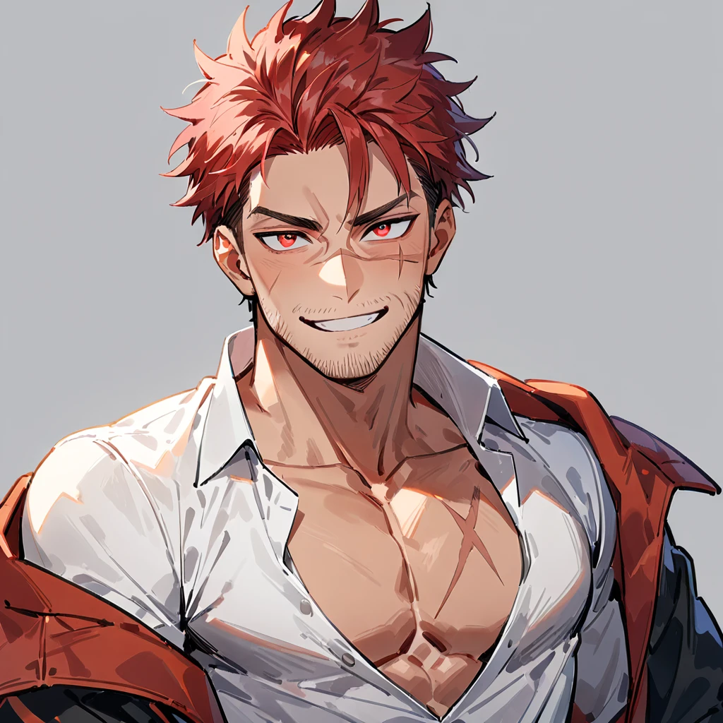 1boy, male focus, scar, solo, scar on face, facial hair, scar across eye, red hair, shirt, looking at viewer, smile, simple background, open clothes, upper body, pectorals, stubble, pectoral cleavage, jacket, short hair, red eyes, white shirt, ((medium quality)), ((medium quality))