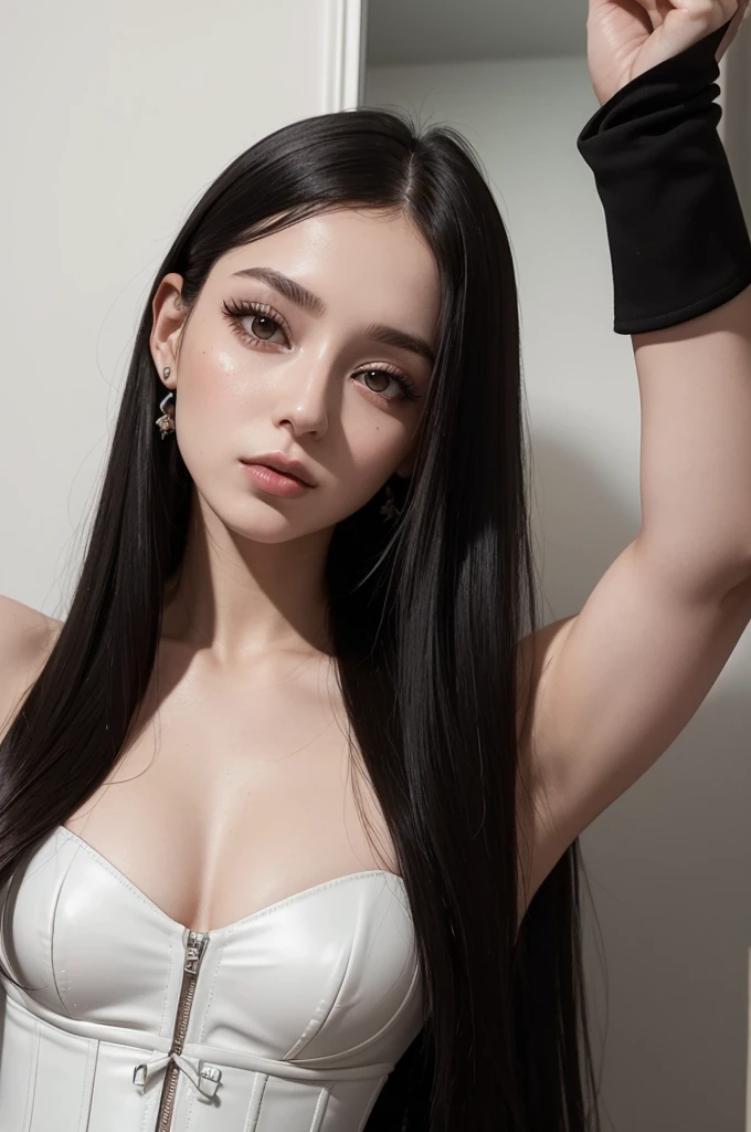 A 22-year-old Elçin Sangu woman, Glossy Glossy Clear Skin, eyes browns, little marked eyelashes, gloss, Nice features, bad girl vibe, minimalist tattoos. long straight black hair, rosy lips, minimalist tattoos. she is wearing an off white corset. in a selfie