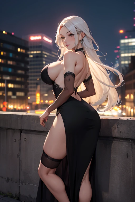 masterpiece, best quality, shadows, perfect hands, perfect legs, perfect anatomy, pretty face, mature features, 1 girl, 21 years old, MILF, mature woman, sexy black dress, city night background, white long hair, thighs, ass, breast, seductive, spicy, posing, cinematography lights,