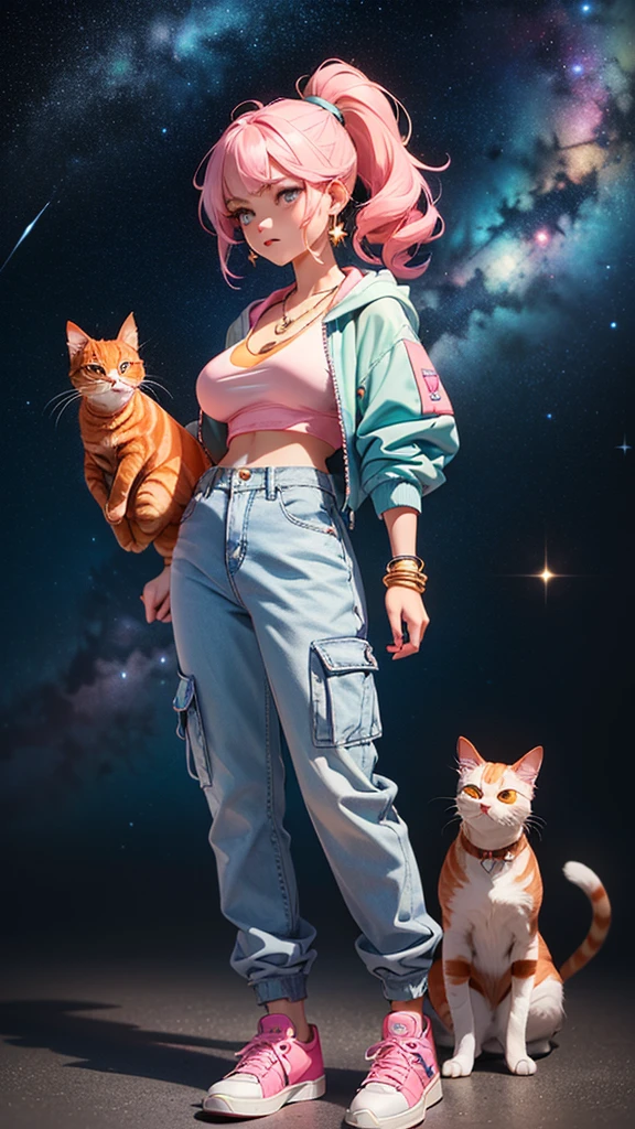 (((Holding a cute orange bantam cat)))，((Highest quality，masterpiece，Full body front view of a mature beauty with big breasts，Air bangs，Blue gray high ponytail super long straight hair，Slightly curly hair on double sideburns，Hair ends curled in，Gray and pink short T-shirt，Light blue denim gray hooded jacket，Black and gray long and wide cargo pants，Pink and white sneakers))，Simple, small and exquisite round necklace，Little star earrings，Wearing a very thin gold bracelet on the right hand，starry sky galaxy background