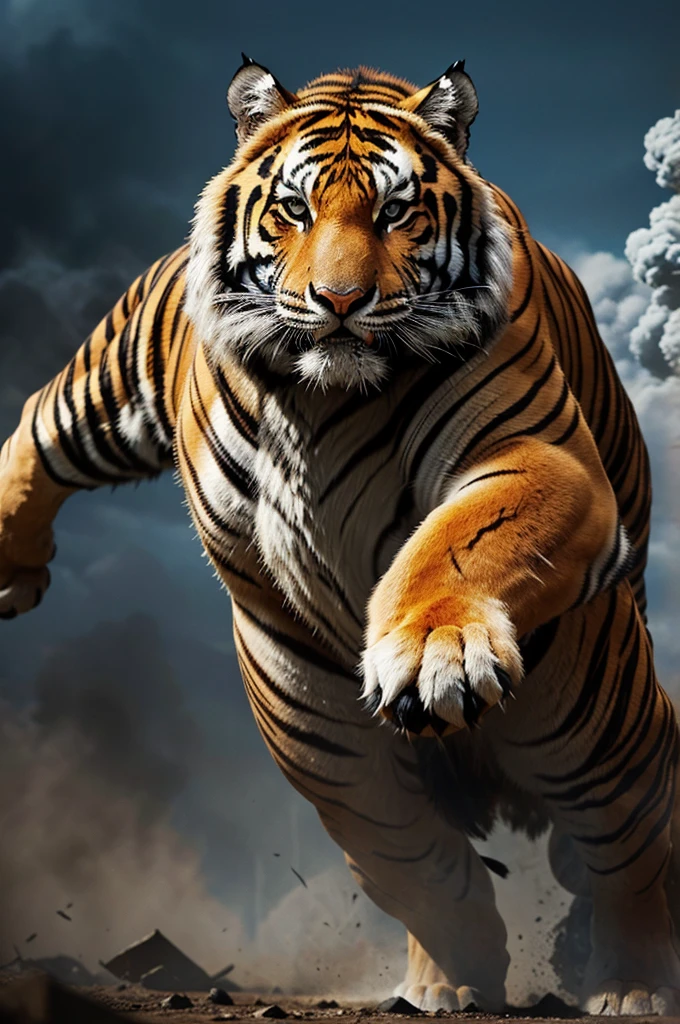 Imagine a fierce tiger amidst a chaotic battlefield, its powerful muscles tensed as it lunges at human adversaries. The tiger's fur is a blend of camouflage patterns, and its eyes gleam with determination. Explosions and smoke fill the background, emphasizing the intensity of the conflict. This visualizes a dramatic clash between the natural prowess of a tiger and the technology of human warfare.