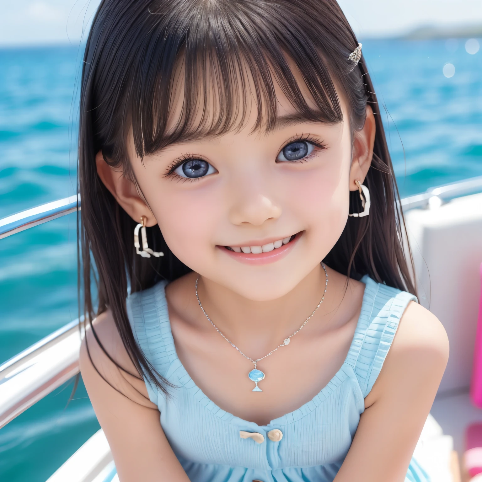 Small breasts、Earrings、necklace、Beautiful glowing white skin,、 bright, Refreshing and gentle look, Perfect beautiful pretty face, Shiny, straight, long hair down to the waist, Beautiful shiny bangs, （（Very beautiful and beautiful４Year old girl））, eyeliner, so perfect and beautiful, Big clear sky blue eyes, bright eye highlights、、Cute smile、Long eyelashes、Low waist、Low rise、Ocean、On the boat、Have a bold pose、Being at the edge of the waves、She is looking down from above、hot pants、