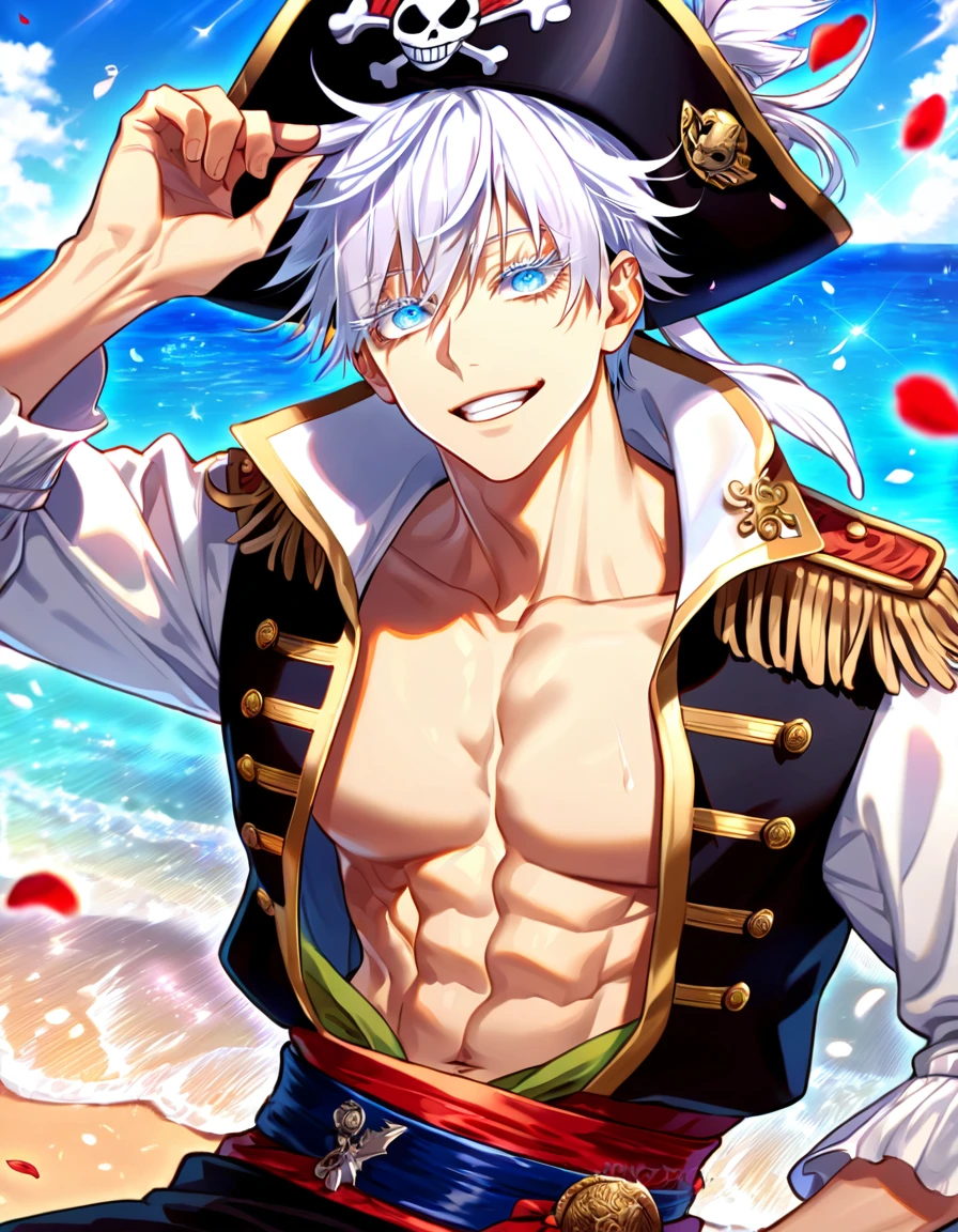 absurdres, highres, ultra detailed, HDR, master piece, best quality, detailed face, delicate features, Gojou Satoru, white hair, expressive blue eyes, white eyelashes, Jujutsu Kaisen, solo, sexy man, handsome, horny, toned chest, handsome smile, fantasy white pirate clothes, pirate hat, sexy pose, sea, beach, petals