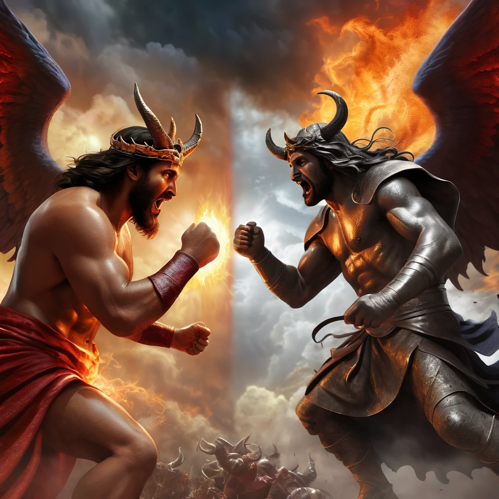 Create a portrait of fight between Jesus and demons in mixed background of hell and heaven, detailed cg, realistic portrait.