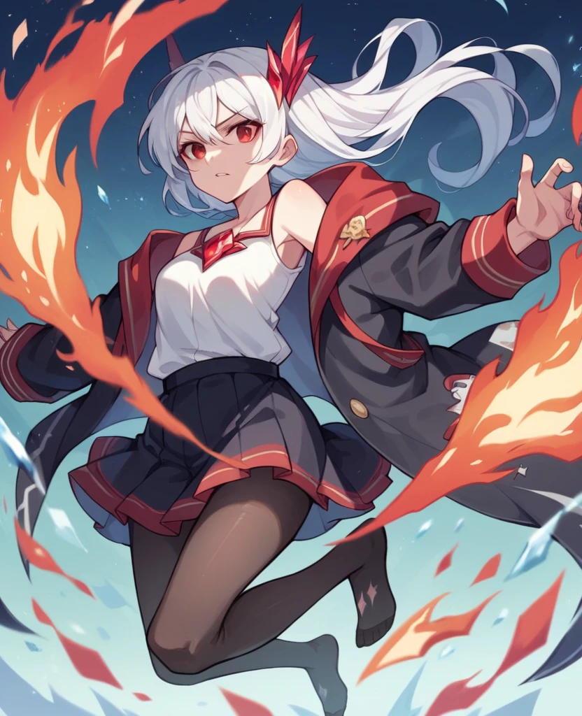 Kizi, long white hair loose, scarlet red eyes, white undershirt, black coat falling off the shoulders, Black Skirt, black transparent pantyhose, fire and ice power, night castle in the middle of the sea