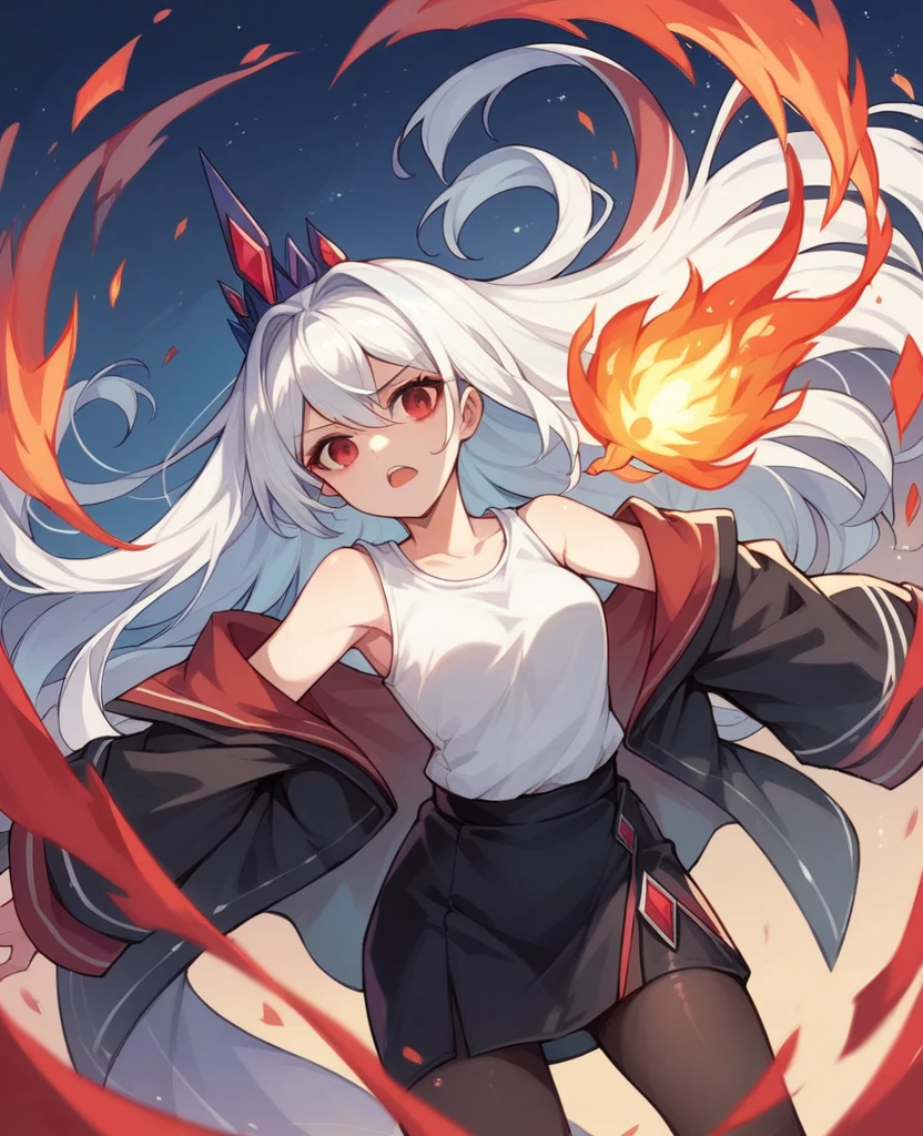 Kizi, long white hair loose, scarlet red eyes, white undershirt, black coat falling off the shoulders, Black Skirt, black transparent pantyhose, fire and ice power, night castle in the middle of the sea