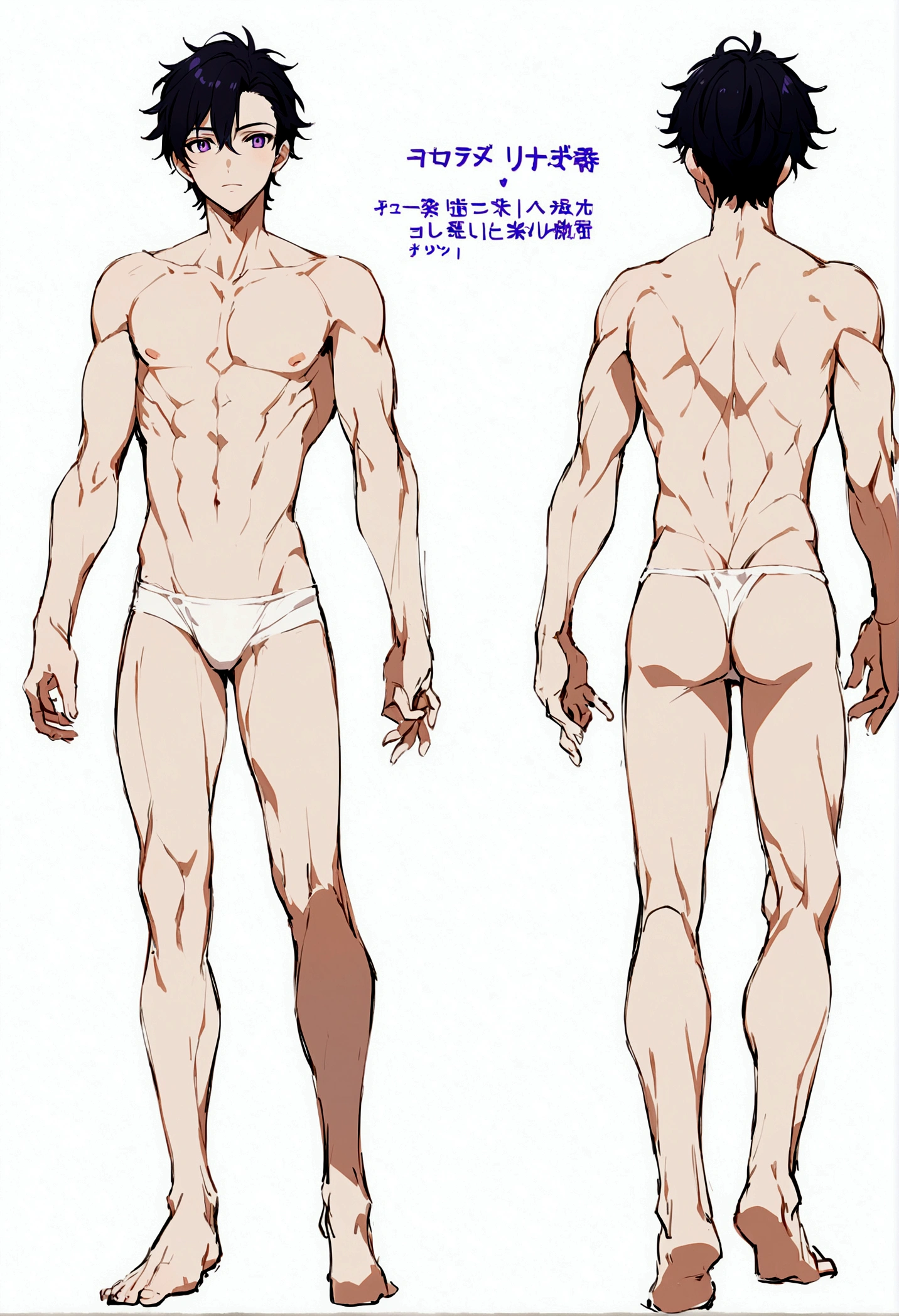 male, full body character sheet, semi naked, black hair, well-built, purple eyes, blue and black hair walking towards the camera(simple background,White background:1.3)