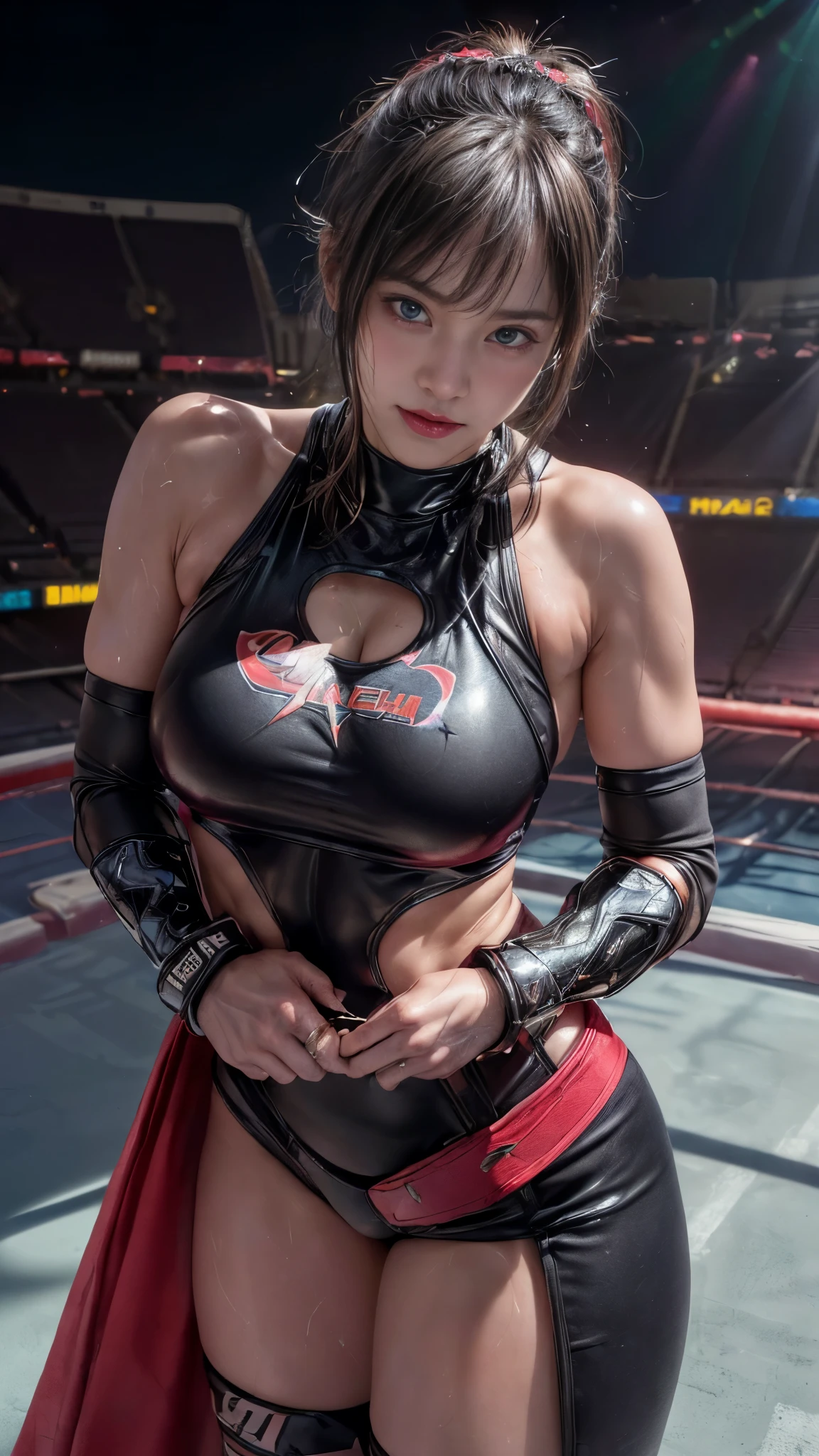 nsfw、Female professional wrestler、((Championship Belt))、expensive、smile、((In the Ring))、((Spotlight))、(((Big stadium)))、((Super big breasts))、((Super tight costume))、Wristband、(((Aggressive, outlandish and flashy costumes)))、((Elbow guard))、(Shin guard)、I can see your muscles、Hairstyle with bangs、((Sweat))、((Match venue))、Very beautiful woman、((Female Athletes))、(Detailed face)、Realistic Skin、((Delicate photo))，(Girl masterpiece RAW photo details:1.25), (Highest quality:1.6), (Ultra-high resolution:1.5), (Realistic:1.75), 8K resolution,50mm, Absurd, Super detailed,Cinema Lighting、