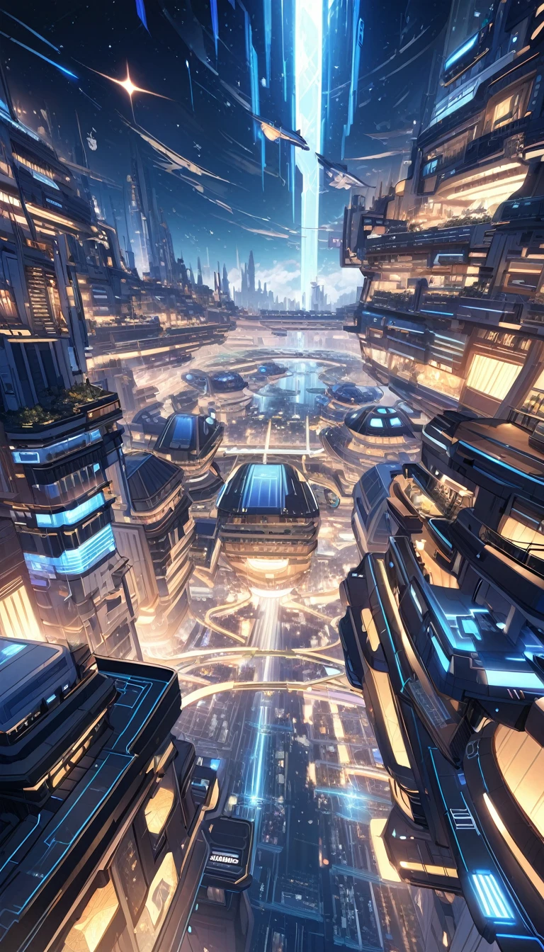 futuristic space city, in space: 1.5, large flying city, with many floating floors in space, housing and all kinds of details on the ship