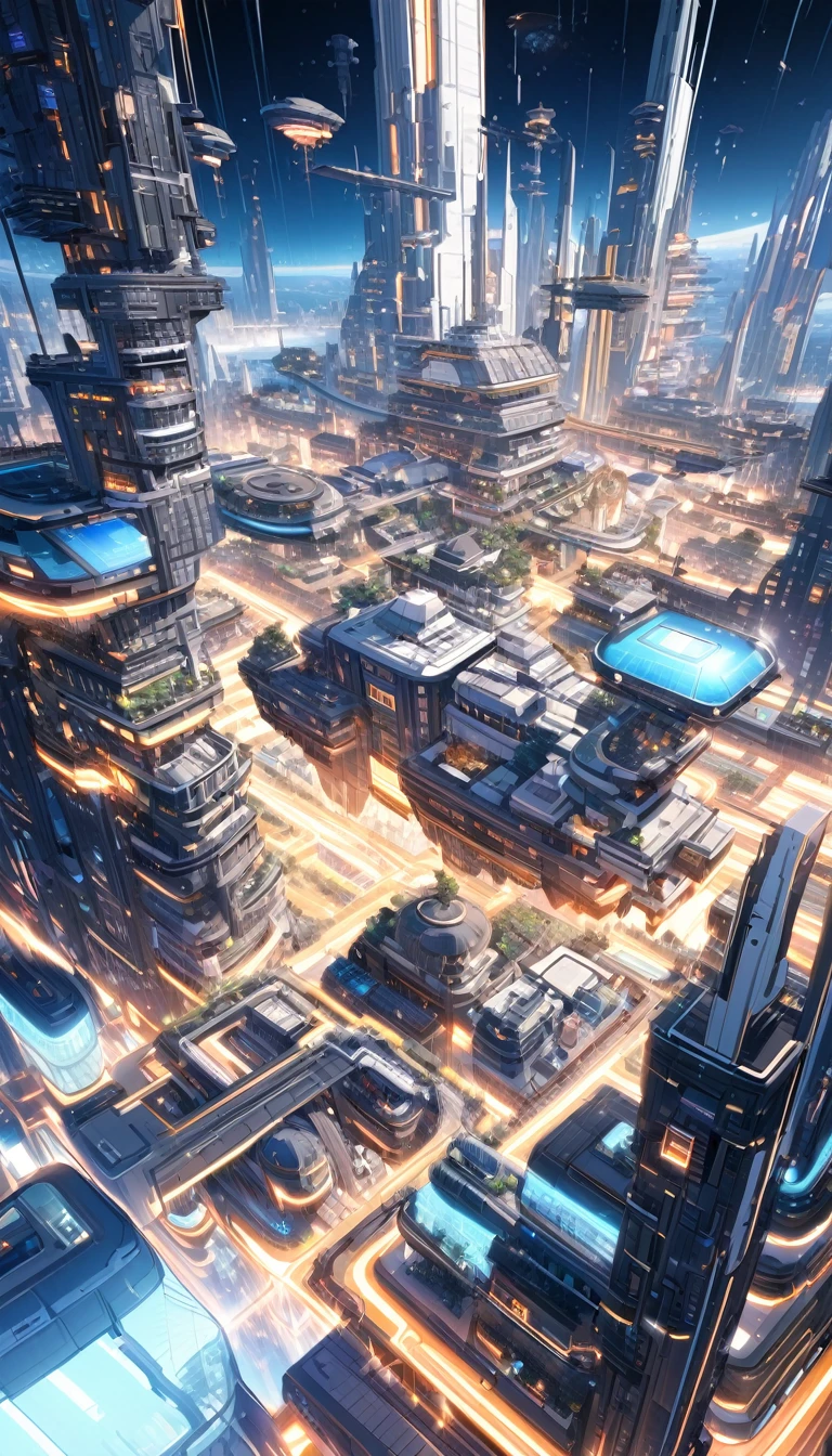futuristic space city, in space: 1.5, large flying city, with many floating floors in space, housing and all kinds of details on the ship 