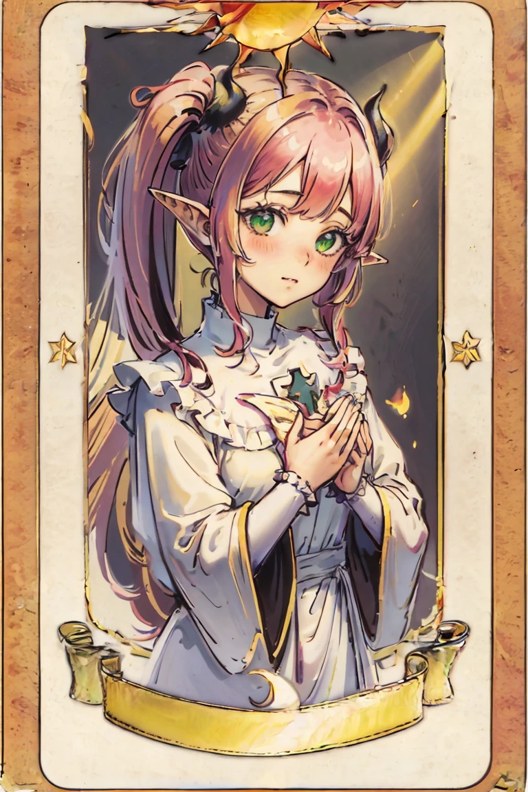 Holy card,saint card, front,white background, sunshine rays, Best quality, masterpiece, ultra high res, (photorealistic:1.4), raw photo, 1girl, white prayer mantle, holy card, bust shot, holy picture, sacred heart, rizu kyun cosplay, minimal background, holy card, succubus, pink hair pigtails, black horns, long ears, green eyes, front