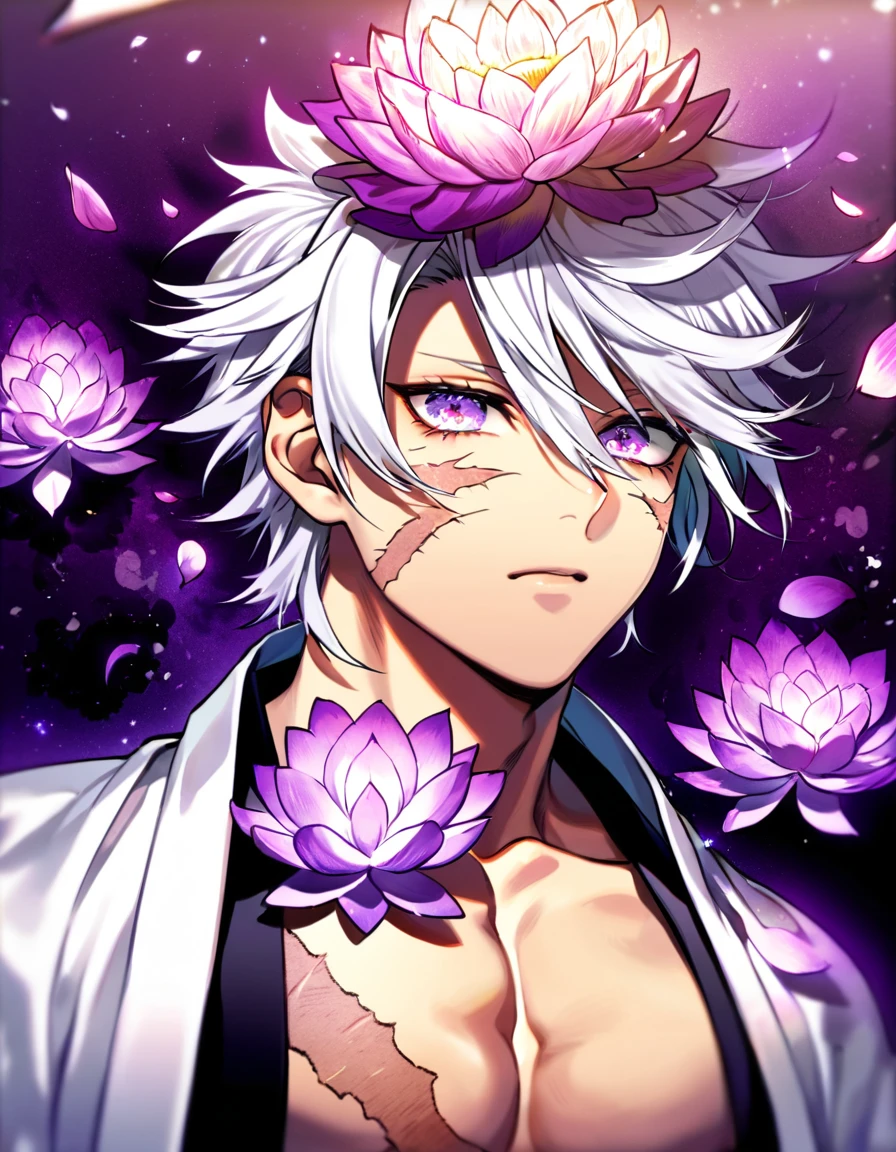 Ultra detailed, HDR, Highres, absurdres, master piece, Shinazugawa Sanemi, white hair, expressive dark purple eyes, hair between the eyes, scar on his face, black clothes, white haori, Kimetsu No Yaiba, purple glittering butterflies, petals, purple lotus, handsome, magical, sexy man, toned chest, extremely detailed face and eyes, glittering, fantasy, purple background, purple water,