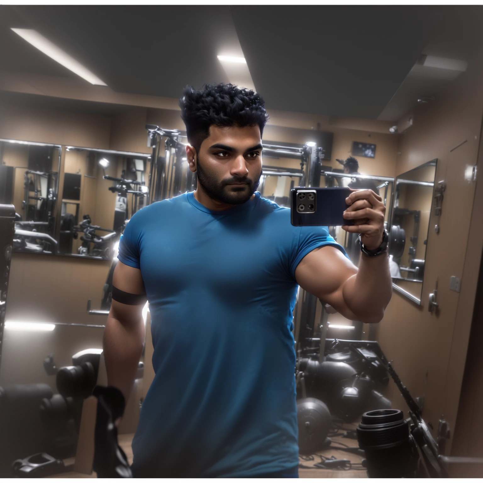 arafed man taking a selfie in a gym with a mirror, inspired by Saurabh Jethani, in tshirt, in a gym, he is about 30 years old, he is about 3 0 years old, without beard, blue tight tshirt, wearing fitness gear, portait photo profile picture, inspired by Kailash Chandra Meher, working out