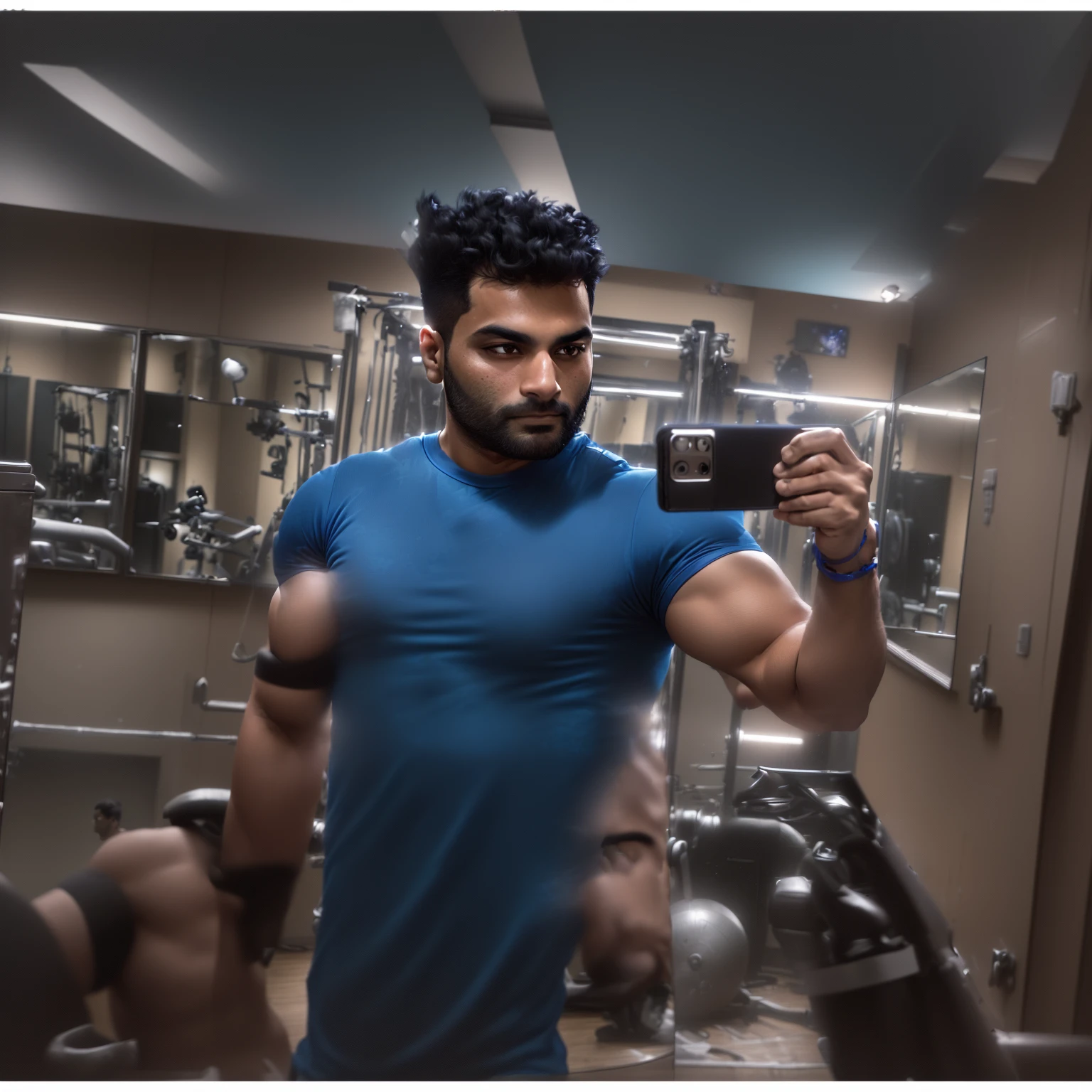 arafed man taking a selfie in a gym with a mirror, inspired by Saurabh Jethani, in tshirt, in a gym, he is about 30 years old, he is about 3 0 years old, without beard, blue tight tshirt, wearing fitness gear, portait photo profile picture, inspired by Kailash Chandra Meher, working out
