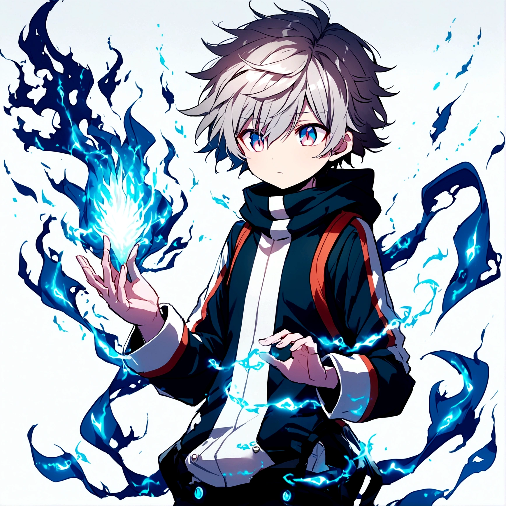 A young boy of 15 years measuring 1.65 cm, white and black hair mixed, pinkish white skin, light red eyes