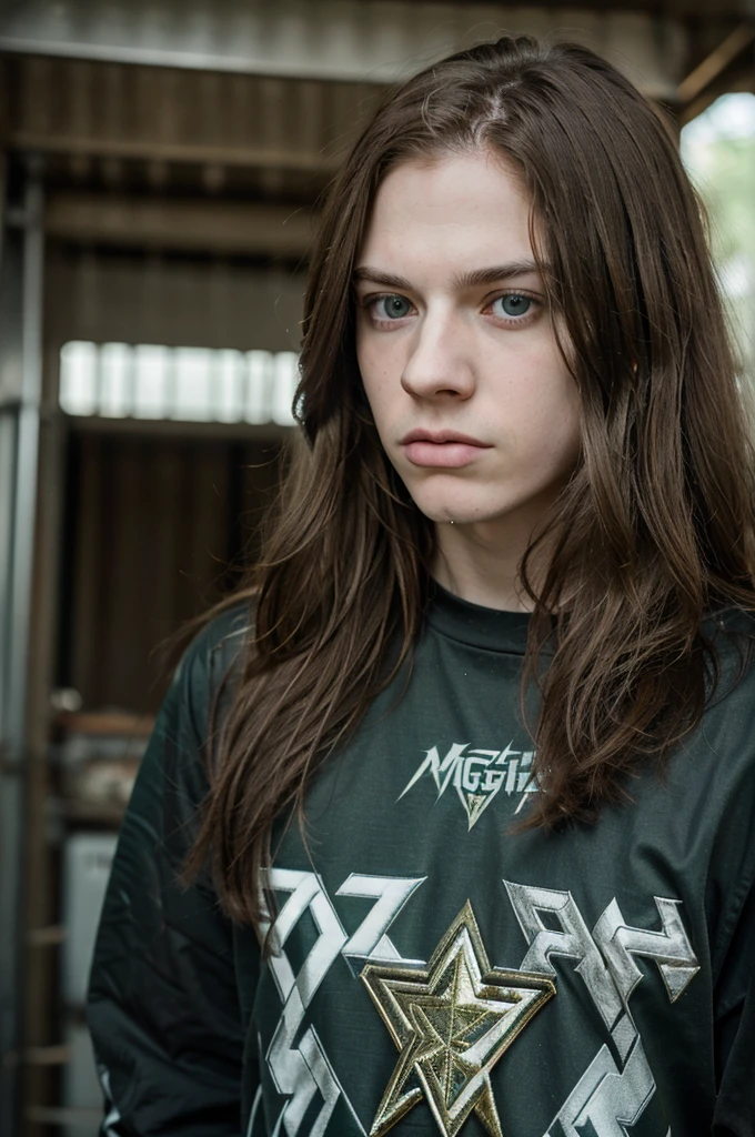 Realistic teenager, pale skin, long light brown hair metalhead style, light green eyes, baggy eyes, serious look, metal band shirt "Megadeth", expression showing tongue, his tongue has a piercing