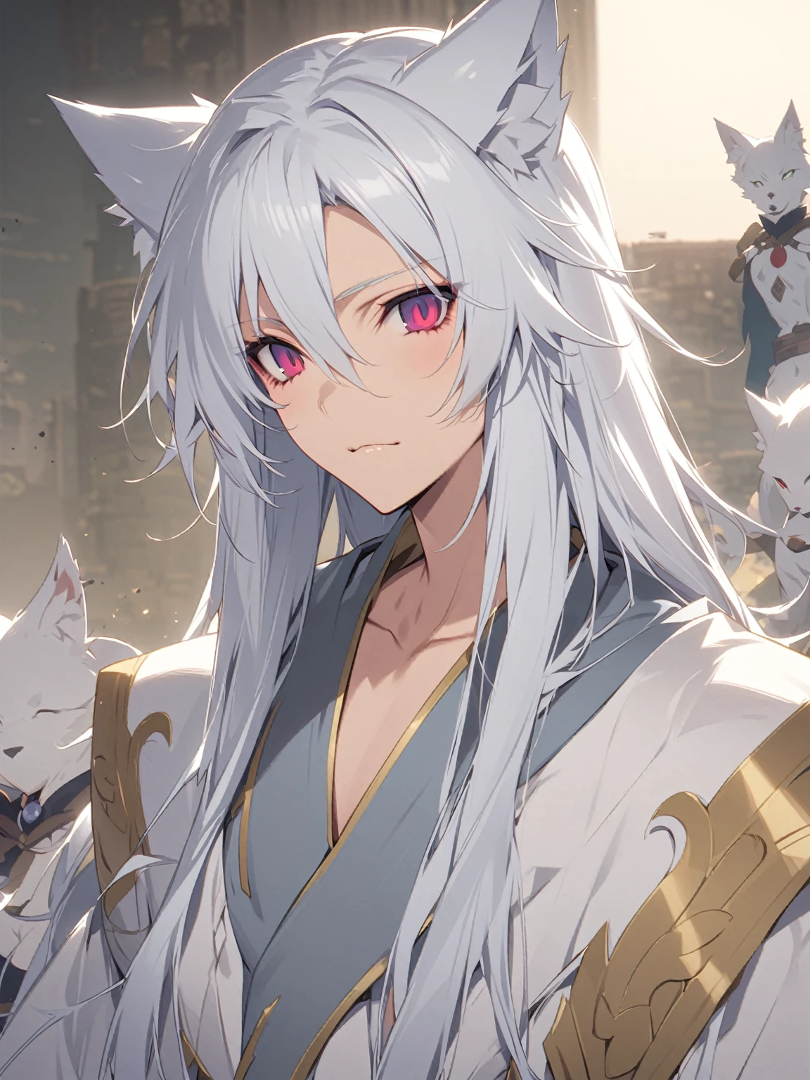 Anime - Style image of a man with white hair and cat ears,whole body、 White fox, White-haired God, Haise Jinyao, onmyoji portrait, by Shimo, Inspired by Bian Shoumin, Ye Chong Silver Fox, White Fox Anime, Soft anime illustration, of long white hair, Vampire White Fox, The Detailed Art of the Onmyoji、masterpiece、Highest quality、8K
