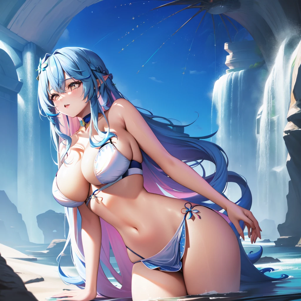 masterpiece, best quality, solo, mythical woman, flower hair, blue eyes, blue hair, nymph, blue skin, flooded City ruins,