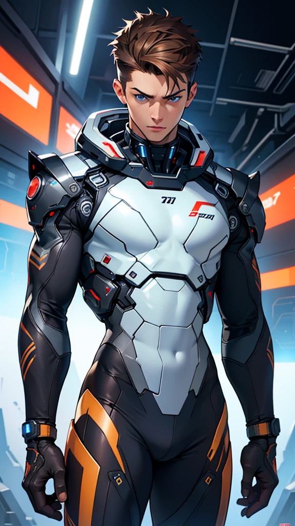 18 year old cybernetic guy detailed muscles realistic masterpieces full figure pose (best quality,ultra-detailed), brown hair, blue eyes, fair skin, fit body, slim figure, (cocky expression), wearing cybernetic mobile battle spacesuit