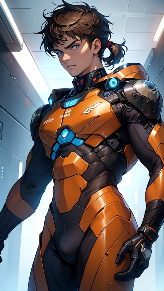 18 year old cybernetic guy detailed muscles realistic masterpieces full figure pose (best quality,ultra-detailed), brown hair, blue eyes, fair skin, fit body, slim figure, (cocky expression), wearing cybernetic mobile battle spacesuit