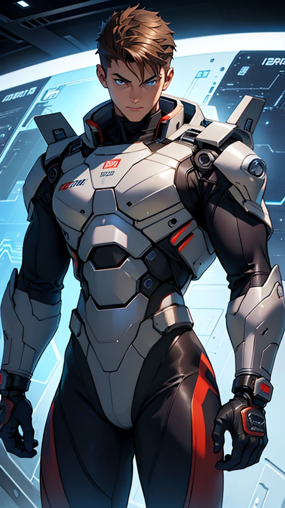 18 year old cybernetic guy detailed muscles realistic masterpieces full figure pose (best quality,ultra-detailed), brown hair, blue eyes, fair skin, fit body, slim figure, (cocky expression), wearing cybernetic mobile battle spacesuit