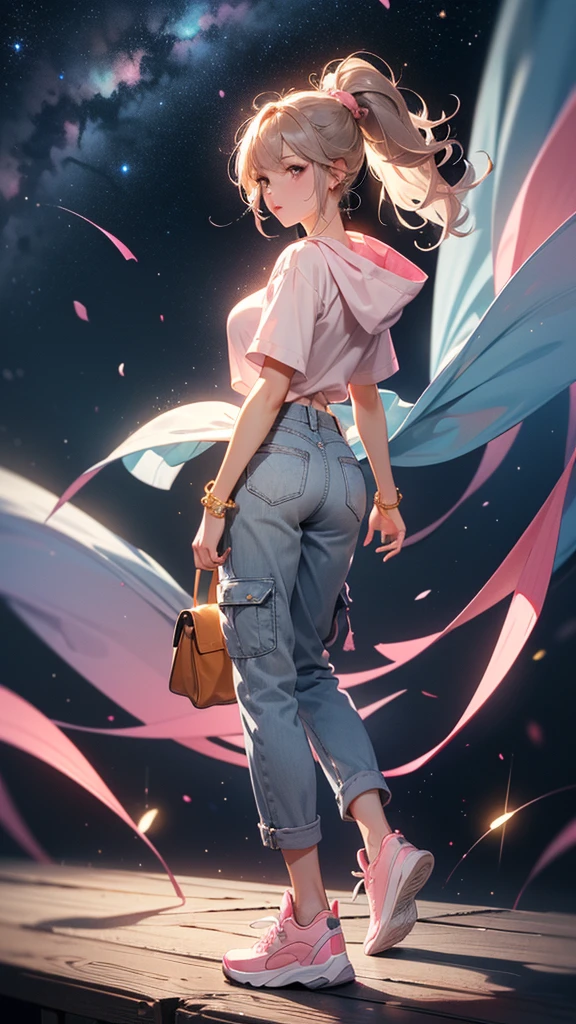 (((Holding a cute orange bantam cat))),((Highest quality,masterpiece,Full body front view of a mature beauty with big breasts,Air bangs,Blue gray high ponytail super long straight hair,Slightly curly hair on double sideburns,Hair ends curled in,Gray and pink short T-shirt,Light blue denim gray hooded jacket,Black and gray long and wide cargo pants,Pink and white sneakers)),Simple, small and exquisite round necklace,Little star earrings,Wearing a very thin gold bracelet on the right hand,starry sky galaxy background