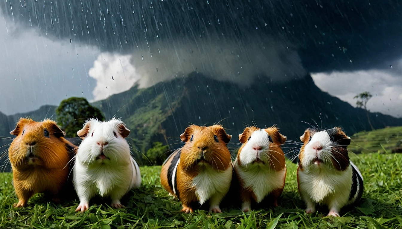 photo on doomsday of shocked and scared guinea pigs raining from sky in peru, funny, chaotik, award winning masterpiece, hilarious
