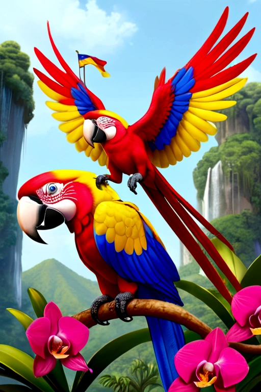 An image with things representative of Venezuela that shows the tricolor flag, a scarlet macaw, the yellow araguaney, the Turpial and the purple orchid, the angel jump all merged, that in front the players of the vinotinto Soteldo Rondón and Bello can be seen hugging