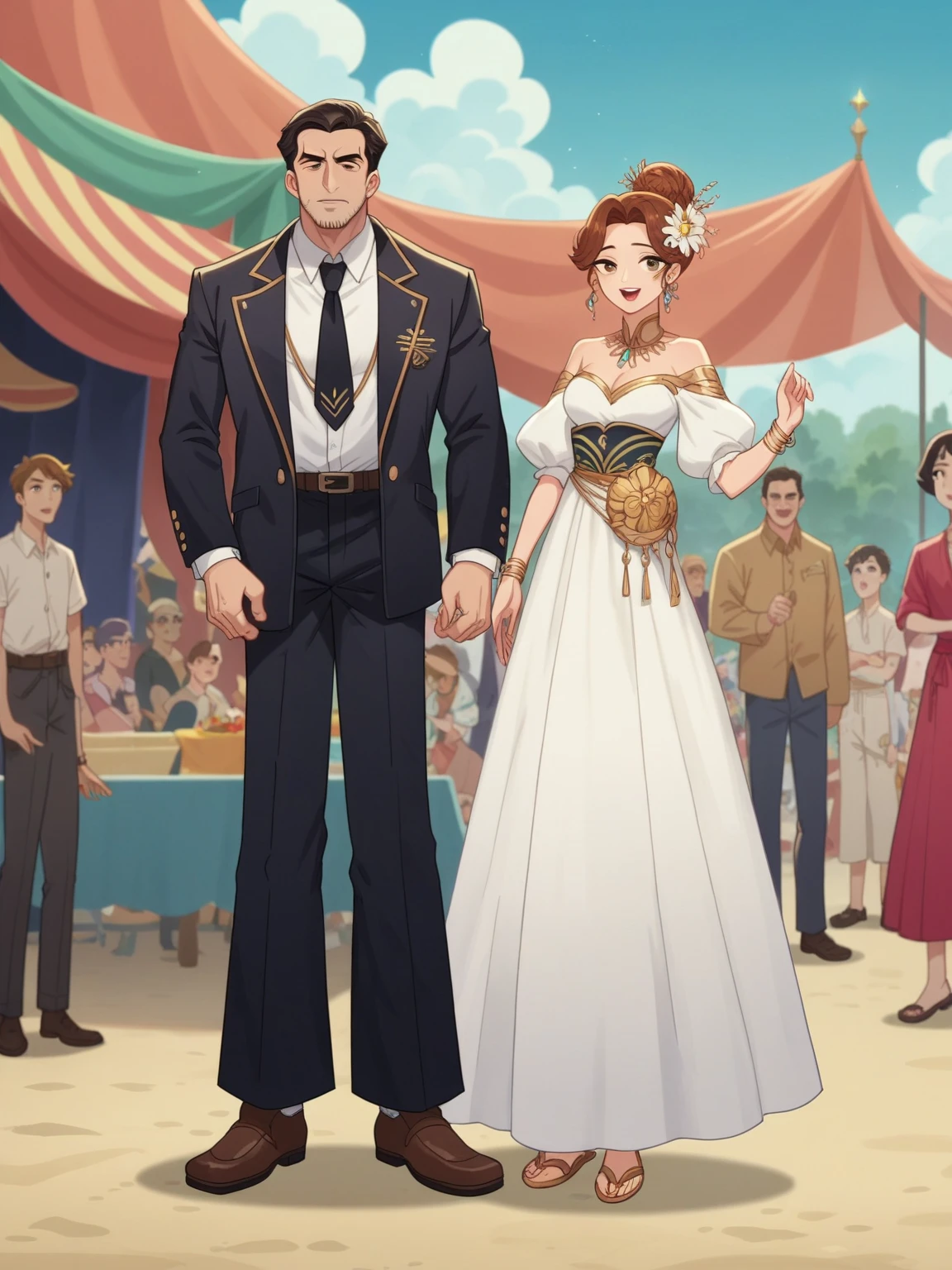 a man and a woman standing next to each other on a music band festival stage, an image, inspired by Adam Dario Keel, which is trending in the cg community, beautiful young Korean woman dressed in a black long dress movie screencap, model elisajes from acquamodels