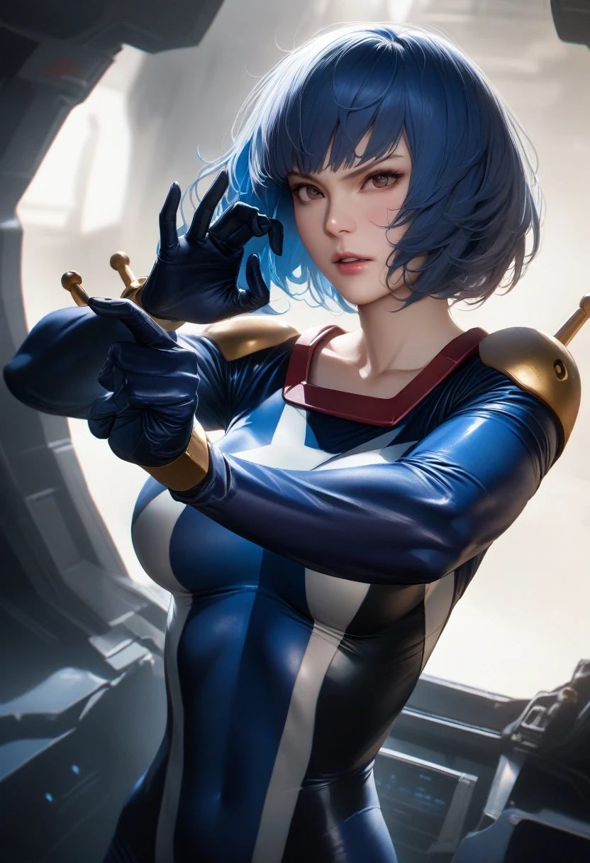 Perfect hands, Perfect Fingers,Perfect Anatomy, masterpiece, Highest quality,Realistic, hyperRealistic, 16k hdr,One girl, Medium chest,Blue Hair, Bobcut,Mobile Trace Suit, Pauldrons,Fighting Pose, Upper Body, cockpit
