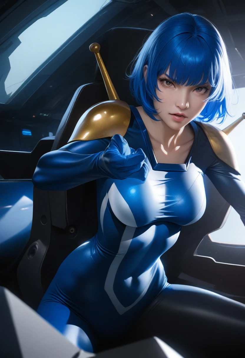 Perfect hands, Perfect Fingers,Perfect Anatomy, masterpiece, Highest quality,Realistic, hyperRealistic, 16k hdr,One girl, Medium chest,Blue Hair, Bobcut,Mobile Trace Suit, Pauldrons,Fighting Pose, Upper Body, cockpit