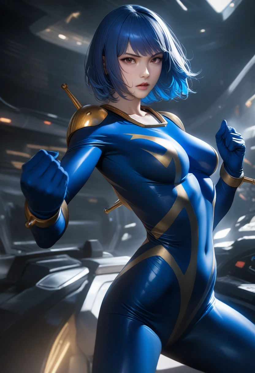 Perfect hands, Perfect Fingers,Perfect Anatomy, masterpiece, Highest quality,Realistic, hyperRealistic, 16k hdr,One girl, Medium chest,Blue Hair, Bobcut,Mobile Trace Suit, Pauldrons,Fighting Pose, Upper Body, cockpit