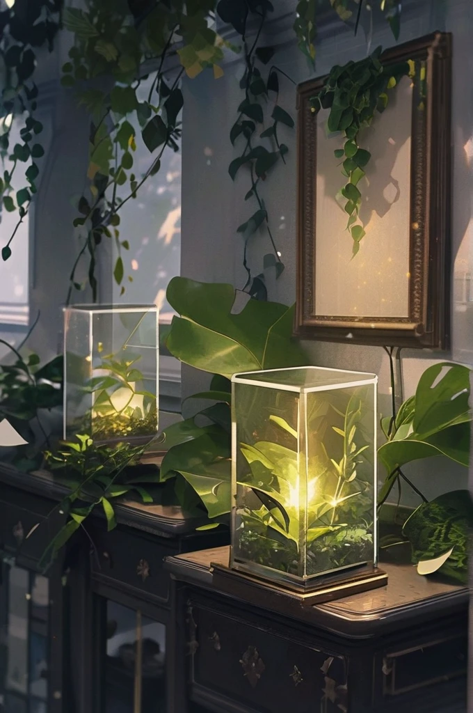((Лучшее качество)), ((шедевр)), (подробный), A glass cube with fauna and wild green plants in the room