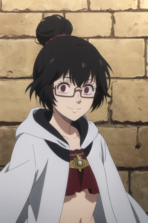 ((best quality)),((highly detailed)),masterpiece,absurdres,detailed face,beautiful face,(detailed eyes, deep eyes),1girl,((dynamic pose)),  Sally, solo, glasses, black hair, red eyes, smile, looking at viewer, under-rim eyewear, semi-rimless eyewear, big ballerina top bun, upper body, outdoors, brick wall, cloak