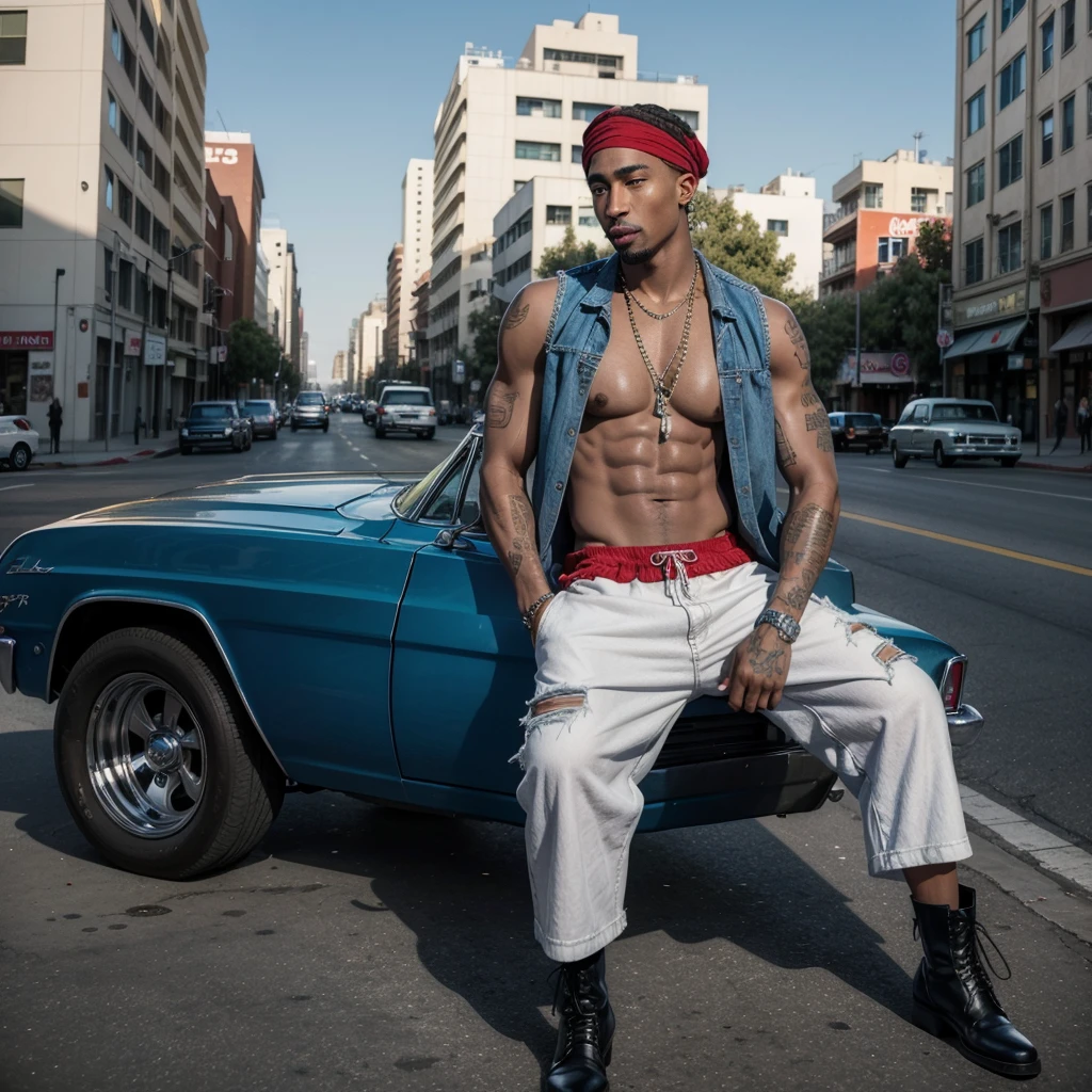 A realistic full-length image of rapper Tupac Shakur posing next to a blue 1964 Chevrolet Impala on the streets of Los Angeles. Tupac is dressed in a white tank top, cargo jeans, light brown boots, and a red bandana. He has several visible tattoos on his body. Next to Tupac, there is a voluptuous blonde woman, wearing wide pants and a very sensual black top. The streets of Los Angeles are lit by the afternoon sun, with colorful graffiti on the walls of buildings in the background.
