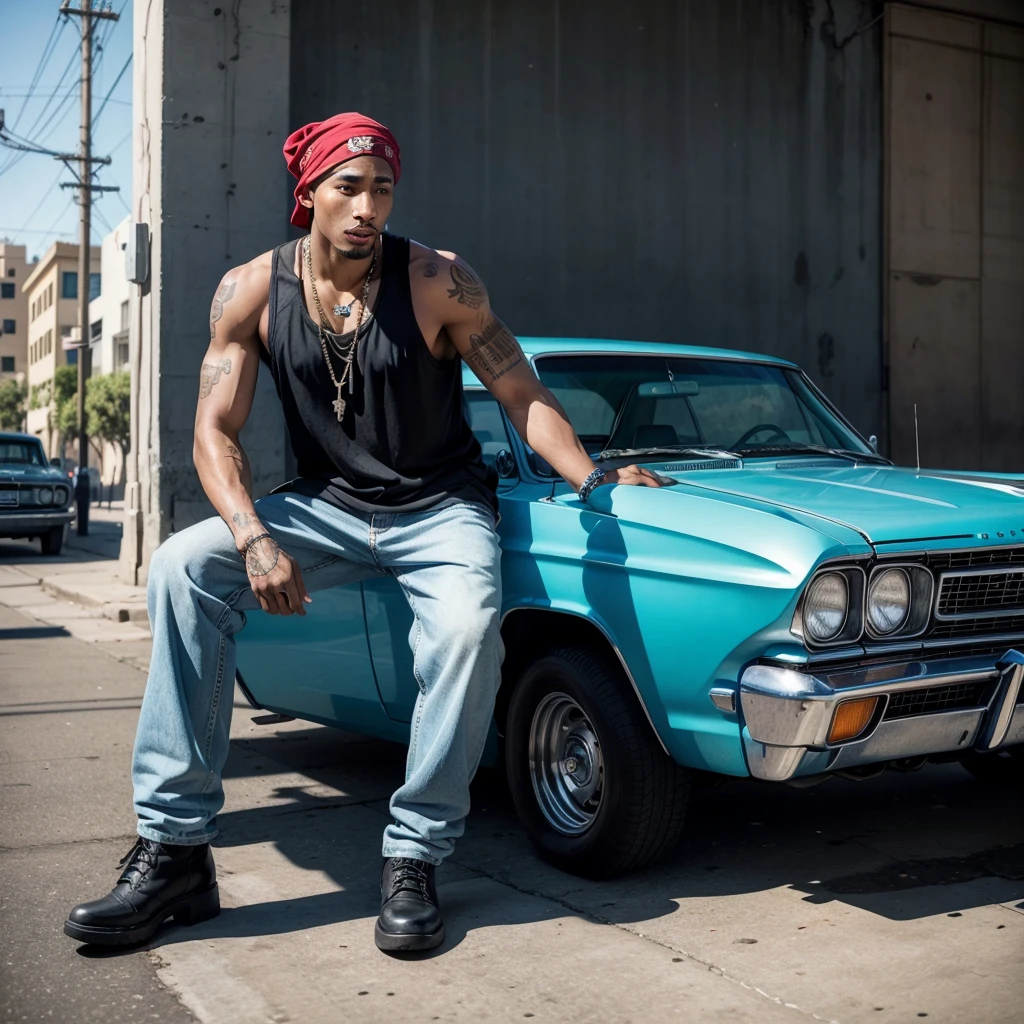 A realistic full-length image of rapper Tupac Shakur posing next to a blue 1964 Chevrolet Impala on the streets of Los Angeles. Tupac is dressed in a white tank top, cargo jeans, light brown boots, and a red bandana. He has several visible tattoos on his body. Next to Tupac, there is a voluptuous blonde woman, wearing wide pants and a very sensual black top. The streets of Los Angeles are lit by the afternoon sun, with colorful graffiti on the walls of buildings in the background.