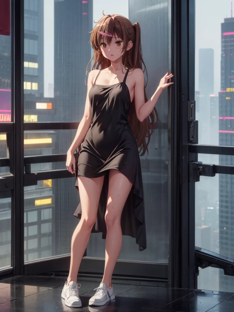 Girl, short slip black dress , You can see her breasts, Skyscraper balcony background, openlegs, night, Bare chest, small breast, slim body, Sneakers , wet body, Wet hair, rain, tokyo , orgasm