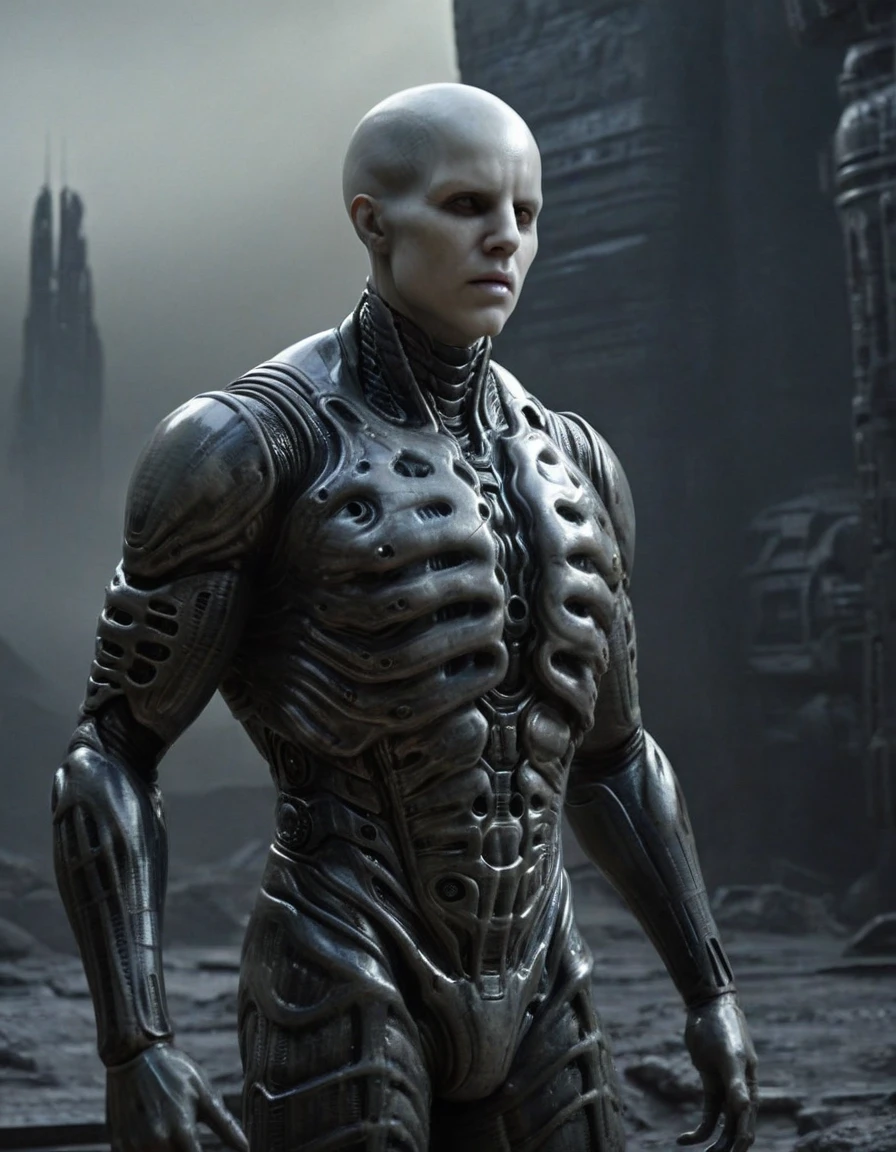 detailed cyborg engineer, Prometheus, alien landscape, HR Giger inspired, dark moody atmosphere, intricate mechanical details, futuristic technology, dystopian environment, cinematic lighting, dramatic poses, 8k, hyper detailed, masterpiece, photorealistic, cinematic, concept art style