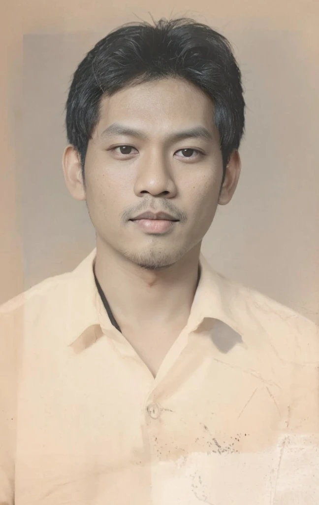Color photo of Malay man with black hair, gray shirt. dark background of photo studio