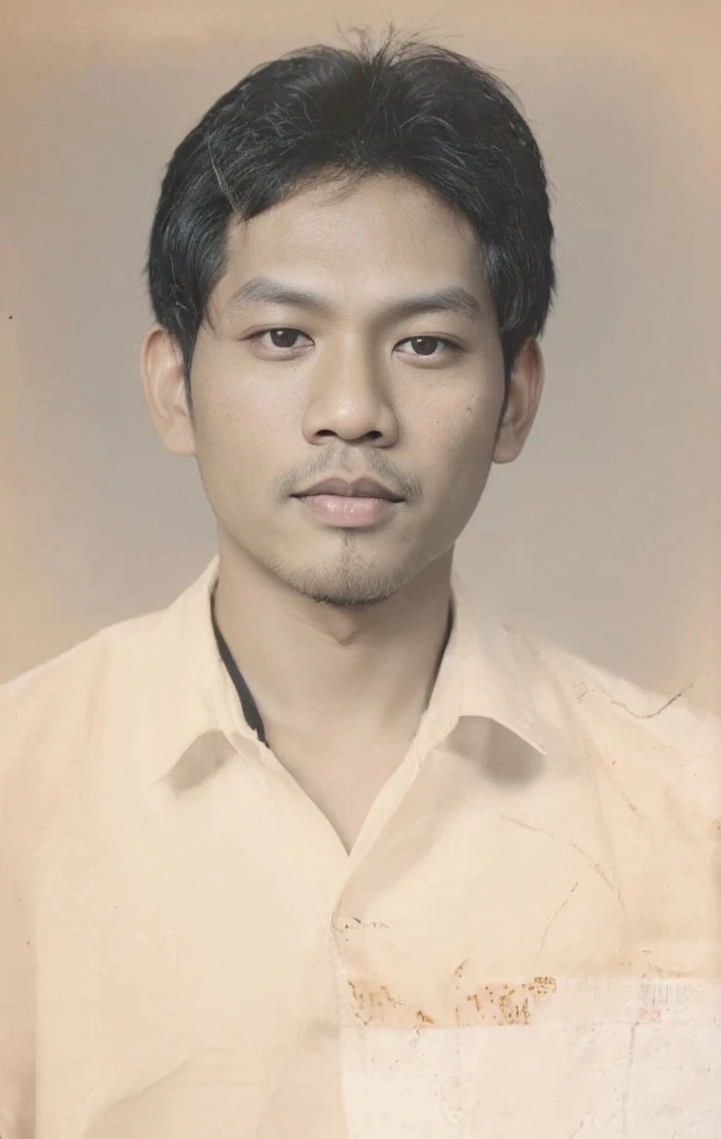 Color photo of Malay man with black hair, gray shirt. dark background of photo studio