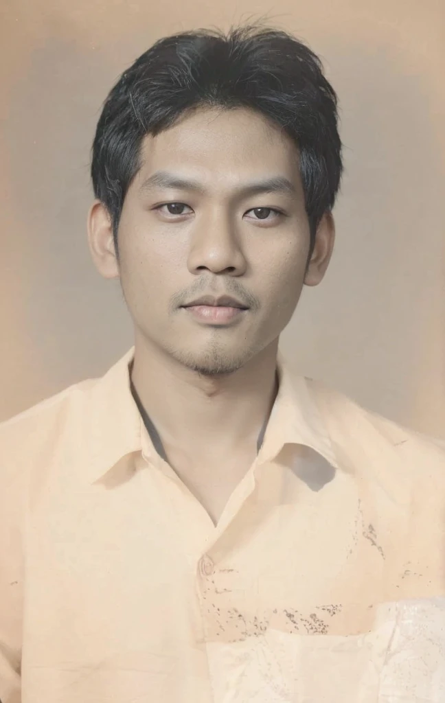 Color photo of Malay man with black hair, gray shirt. dark background of photo studio