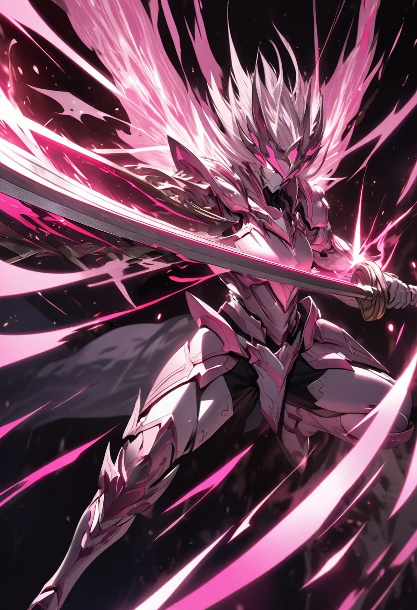 a extremely detailed warrior in dark pink & white armor wielding a sword that needs both hands made of dark pink & white steel, emanates an aura of space