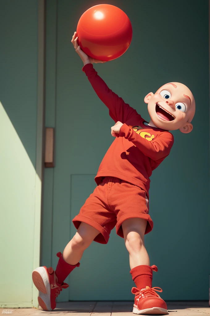 A funny pixar character is a short red boy, he is bald and he is holding a bright red ball 