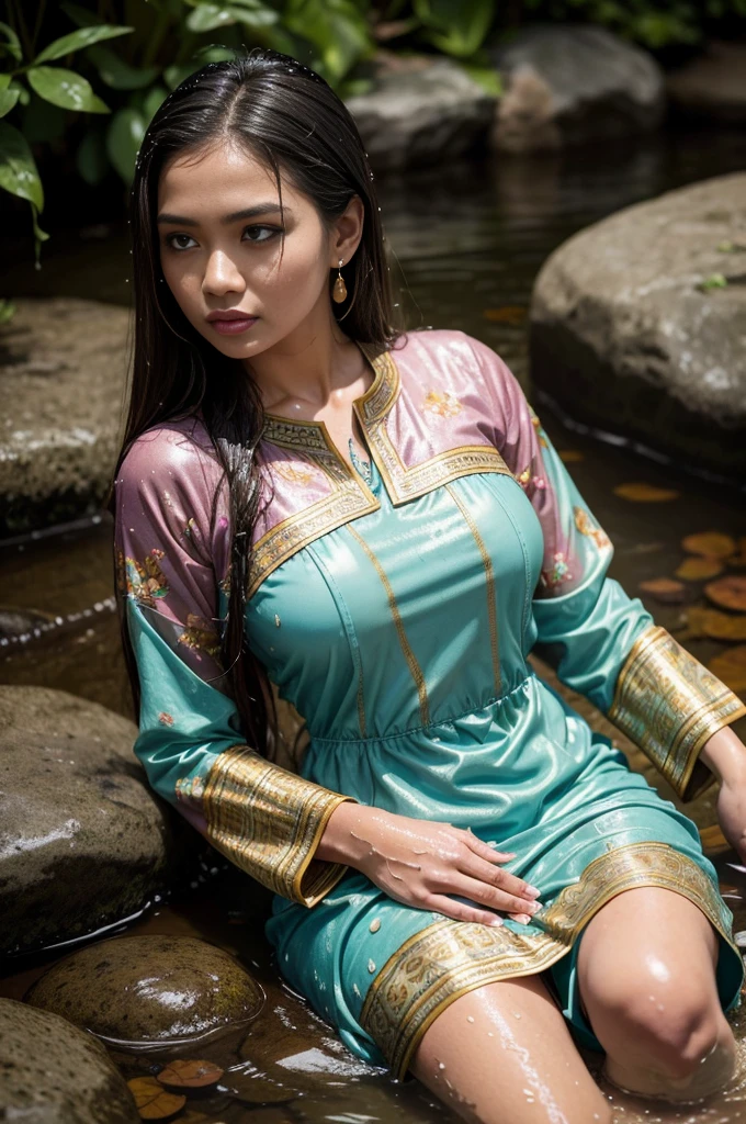 Malay woman wearing batik clothes, sitting in the river stone, long sleeves, close-up fantasy with water magic, beautiful girl, big breast, long brown hair, wet hair, wearing a dress made of water, lifting up her dress, splashing water, realistic oil painting, soaking wet, in the water high knee length covered, beautiful realistic painting, nymph in the water, hyperrealistic portrait in the river, hyperrealistic fantasy art, splashes, realistic fantasy painting, cute shot, narrow depth of field, 8k, nsfw, soaking wet, ((soaked)), dripping water, dripping water, heavy clothes, soaked in water, soaked, lipstick rouge, soaked,