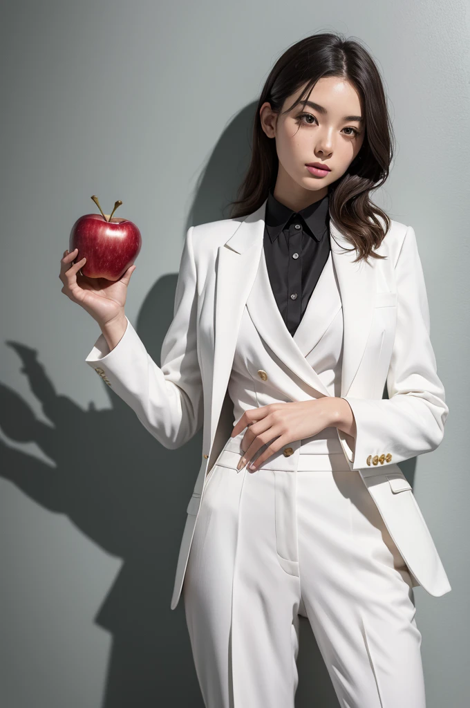 Kira holding an apple and wearing a white suit 