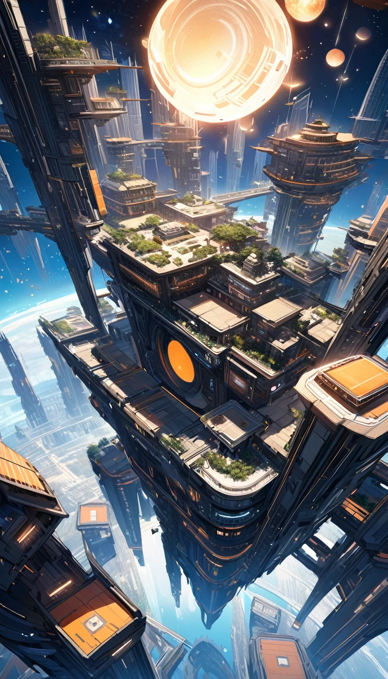 futuristic space city, in space: 1.5, large flying city, with many floating floors in space, housing and all kinds of details on the ship
