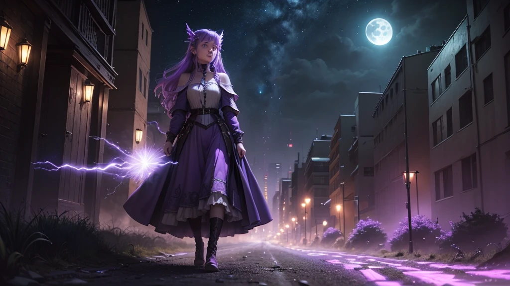 In the times of the Middle Ages, A girl, with purple hair on the dirt road, with headphones, dressed as Galadriel from the film The Lord of the Rings, naturey, scared and out of their time 2037, with the blue neon lights, purple and green in buildings, in the background full moon with flow of energy, night sky, futurist, (work of art, ultra detaild, A high resolution) , I DON'T WANT HUMANS, There is a flow of energy, Very real scenery of anime scenery in the city, clear shades of purple and blue, ultra details.