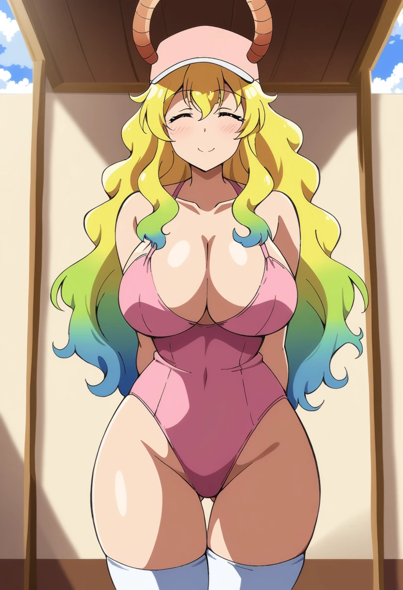 anime art style, 2d, masterpiece, best quality, very aesthetic, absurdres, dynamic shadows, atmosferic, lucoa_md, (1girl), (blonde hair), long hair, (gradient hair), green hair, blue hair, (close eyes), ahoge, hair between eyes, bangs, big breasts, cleavage, ((curvy body)), collarbone, makeup, sexy, horns, hat, ((pink baseball cap)), bunny girl outfit thighhighs, sexy smile, ((cowboy shot)), wariza, spread legs, from below, beach, houses, clouds, sky, umbrella, looking at viewer