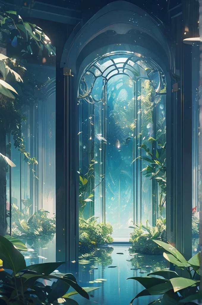 ((Лучшее качество)), ((шедевр)), (подробный), a transparent room filled with water and plants